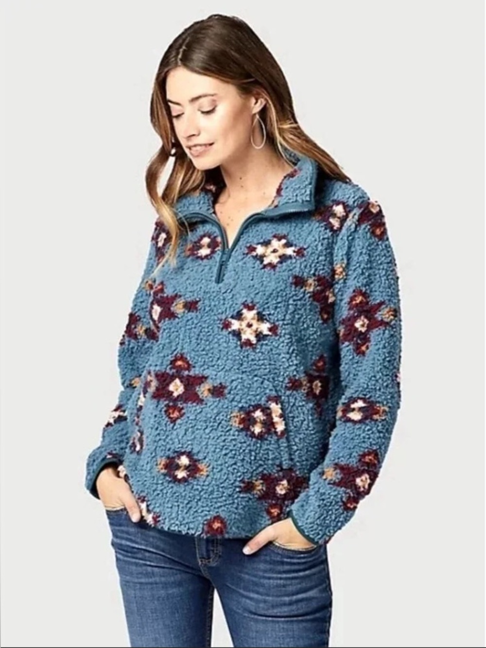 Wrangler Retro Sherpa Pullover Southwestern Aztec Fleece Turquoise Size Small